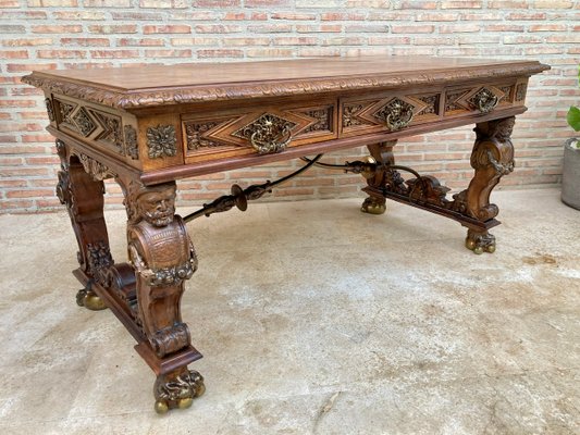 Renaissance Carved Walnut Desk with Three Drawers and Bronze Mounts, 1860s-NOU-1065523