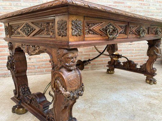 Renaissance Carved Walnut Desk with Three Drawers and Bronze Mounts, 1860s-NOU-1065523