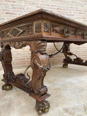 Renaissance Carved Walnut Desk with Three Drawers and Bronze Mounts, 1860s-NOU-1065523