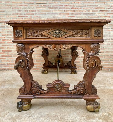 Renaissance Carved Walnut Desk with Three Drawers and Bronze Mounts, 1860s-NOU-1065523