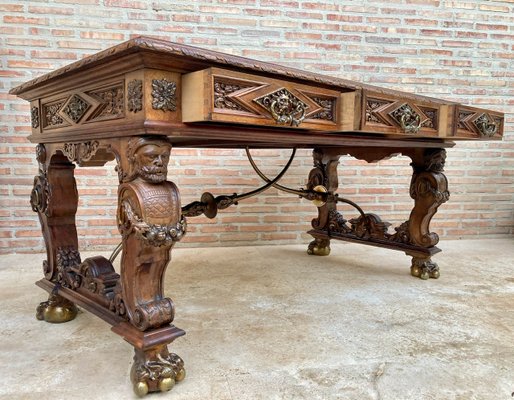 Renaissance Carved Walnut Desk with Three Drawers and Bronze Mounts, 1860s-NOU-1065523