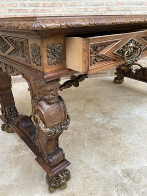 Renaissance Carved Walnut Desk with Three Drawers and Bronze Mounts, 1860s-NOU-1065523