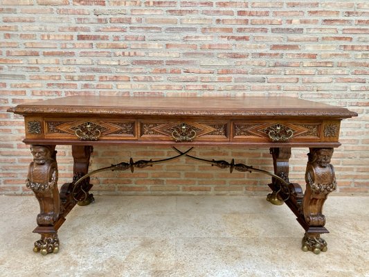 Renaissance Carved Walnut Desk with Three Drawers and Bronze Mounts, 1860s-NOU-1065523