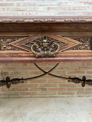 Renaissance Carved Walnut Desk with Three Drawers and Bronze Mounts, 1860s-NOU-1065523