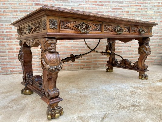 Renaissance Carved Walnut Desk with Three Drawers and Bronze Mounts, 1860s-NOU-1065523