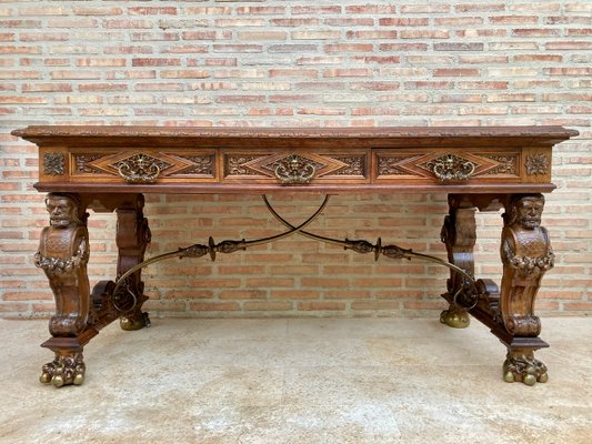 Renaissance Carved Walnut Desk with Three Drawers and Bronze Mounts, 1860s-NOU-1065523