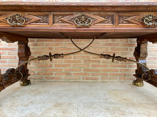 Renaissance Carved Walnut Desk with Three Drawers and Bronze Mounts, 1860s-NOU-1065523