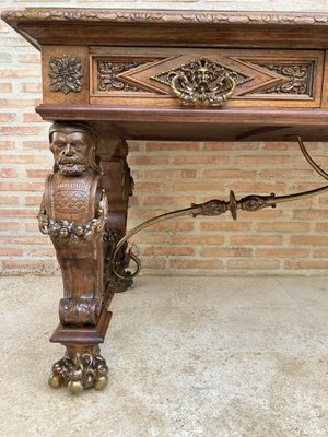 Renaissance Carved Walnut Desk with Three Drawers and Bronze Mounts, 1860s-NOU-1065523