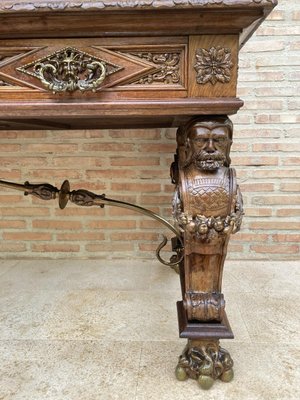 Renaissance Carved Walnut Desk with Three Drawers and Bronze Mounts, 1860s-NOU-1065523