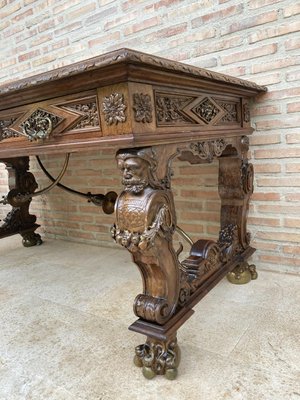 Renaissance Carved Walnut Desk with Three Drawers and Bronze Mounts, 1860s-NOU-1065523