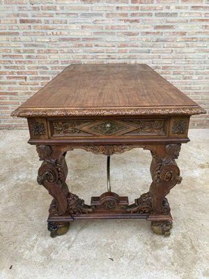 Renaissance Carved Walnut Desk with Three Drawers and Bronze Mounts, 1860s-NOU-1065523