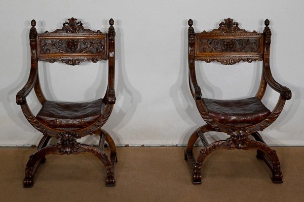 Renaissance Dagobert Curule Armchairs, Late 19th Century, Set of 2-RVK-1440569