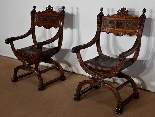 Renaissance Dagobert Curule Armchairs, Late 19th Century, Set of 2-RVK-1440569