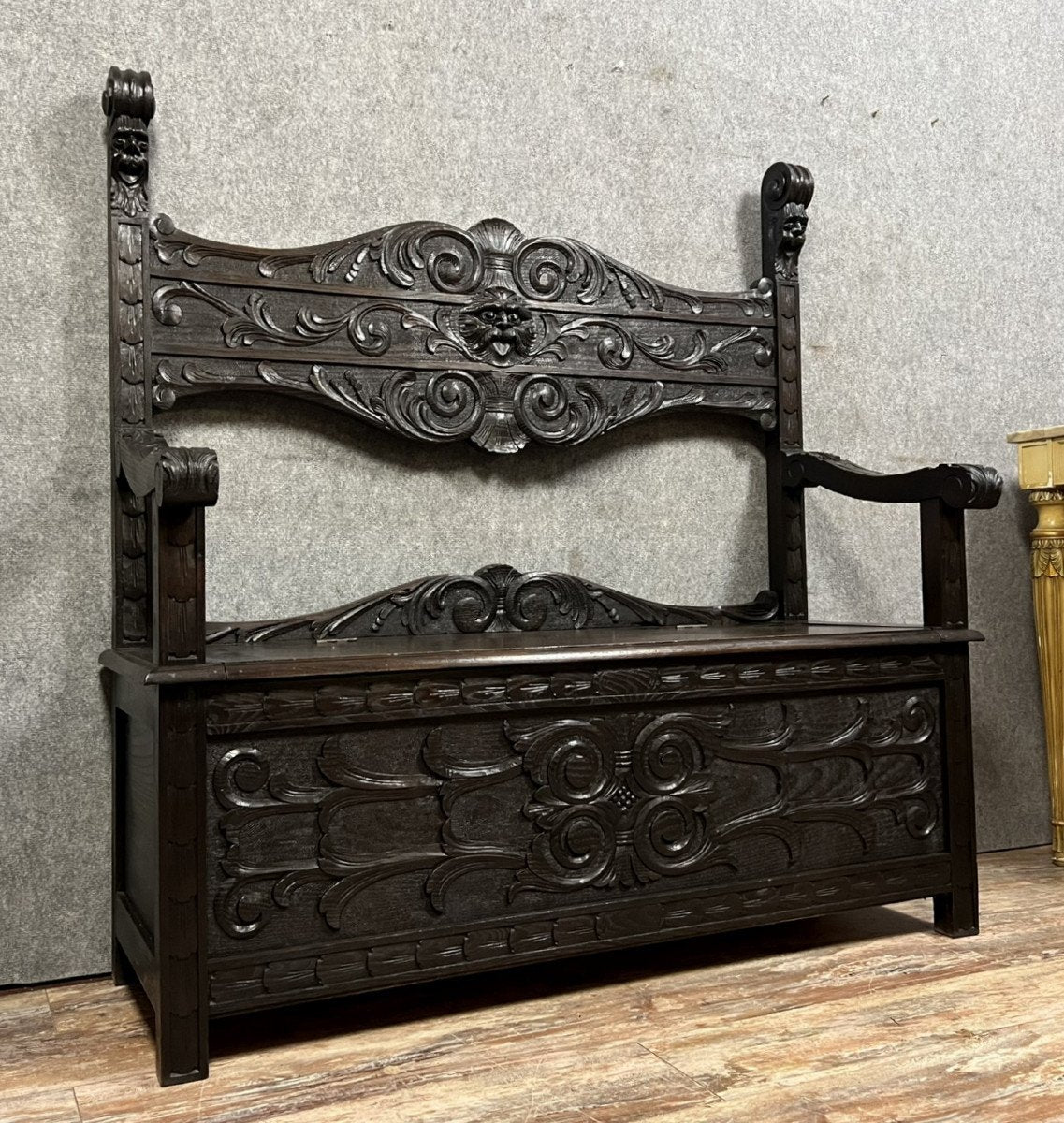 Renaissance Italian Wood Chest Bench Decorated with Grimacing Masks