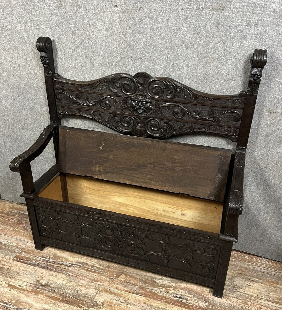 Renaissance Italian Wood Chest Bench Decorated with Grimacing Masks