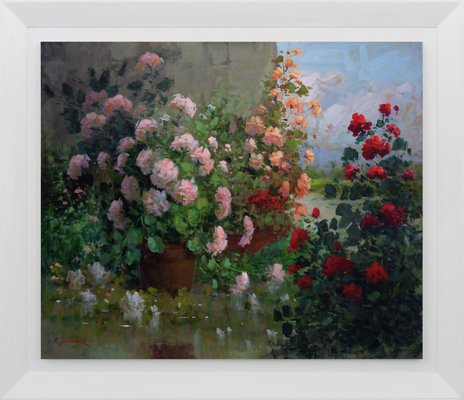 Renato Criscuolo, in the Garden of Home, Oil on Canvas, Framed, Early 2000s, Italy-VHF-1269346