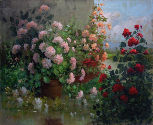 Renato Criscuolo, in the Garden of Home, Oil on Canvas, Framed, Early 2000s, Italy-VHF-1269346