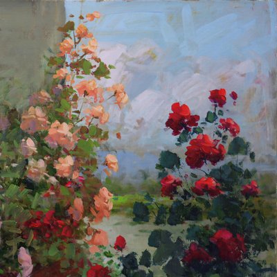 Renato Criscuolo, in the Garden of Home, Oil on Canvas, Framed, Early 2000s, Italy-VHF-1269346