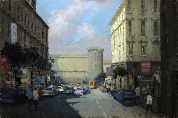 Renato Criscuolo, Towards Piazza Municipio (Naples), Oil on Canvas, Framed, 2000s, Italy-VHF-1269366