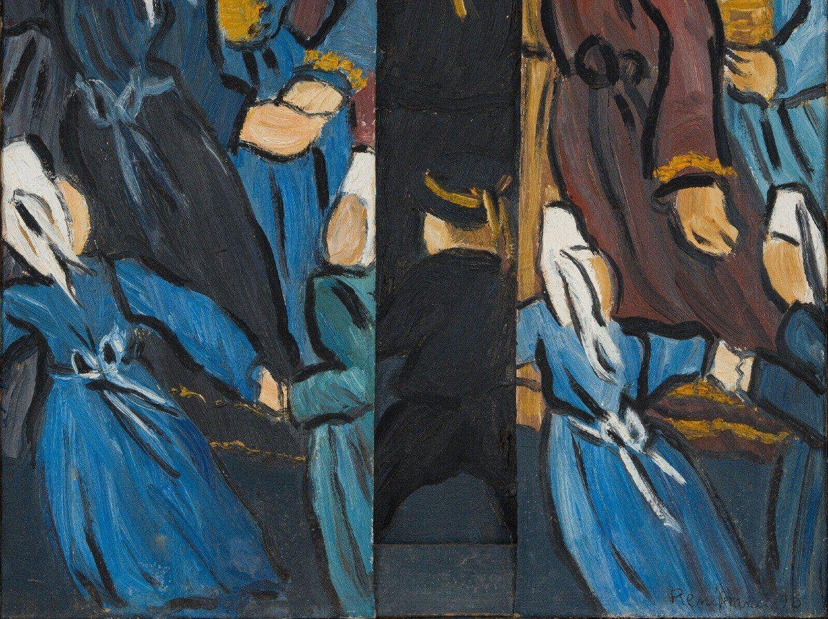 René France, Bretons in Costumes, 1990s, Oil on Canvas Triptych