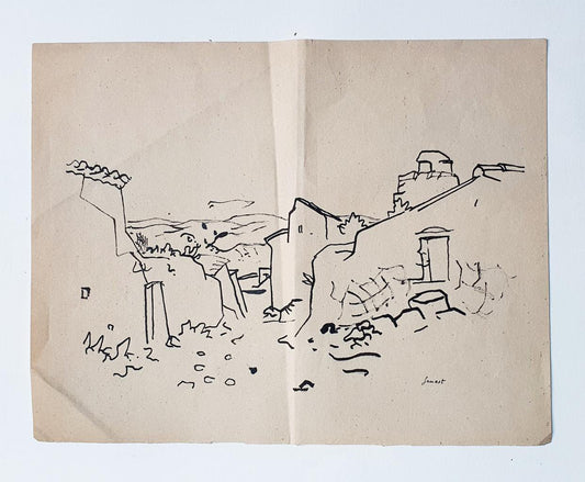 René Gouast, Landscape, China Ink on Paper, 1950s