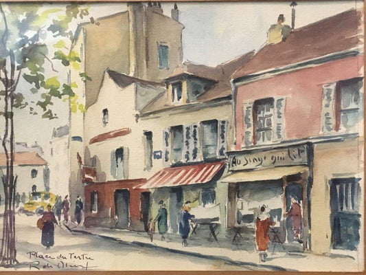 René Pierre Louis de Olinda, Place du Tertre in Montmartre, 1940, Watercolor on Paper, Framed, Set of 2