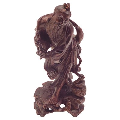 Republic Period Chinese Carved Wood Statue of a Fisherman, 1900s-UR-1342393