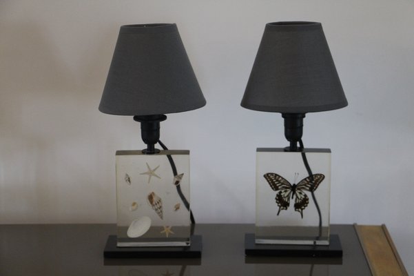 Resin Table Lamps with Inclusions, 1970s, Set of 2-YF-1029581