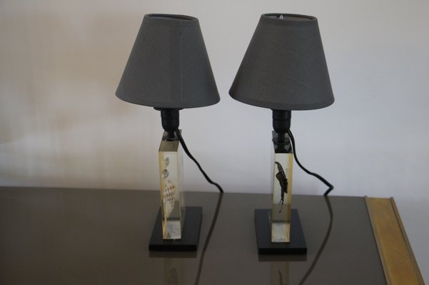 Resin Table Lamps with Inclusions, 1970s, Set of 2-YF-1029581