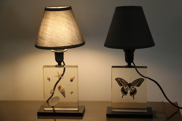 Resin Table Lamps with Inclusions, 1970s, Set of 2-YF-1029581