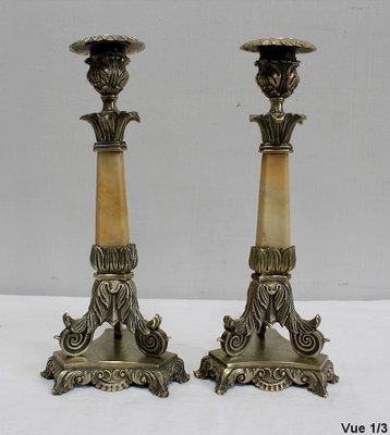 Restoration Period Bronze and Marble Candlesticks, 19th Century, Set of 2-RVK-944788