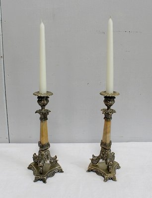 Restoration Period Bronze and Marble Candlesticks, 19th Century, Set of 2-RVK-944788