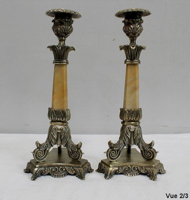 Restoration Period Bronze and Marble Candlesticks, 19th Century, Set of 2-RVK-944788