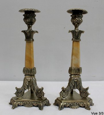 Restoration Period Bronze and Marble Candlesticks, 19th Century, Set of 2-RVK-944788