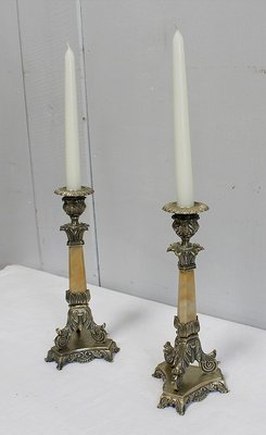 Restoration Period Bronze and Marble Candlesticks, 19th Century, Set of 2-RVK-944788