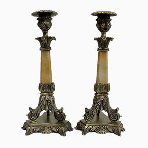 Restoration Period Bronze and Marble Candlesticks, 19th Century, Set of 2-RVK-944788