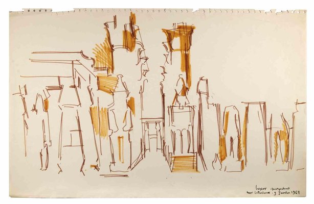 Reynold Arnould, View of Luxor, Marker Drawing, 1967