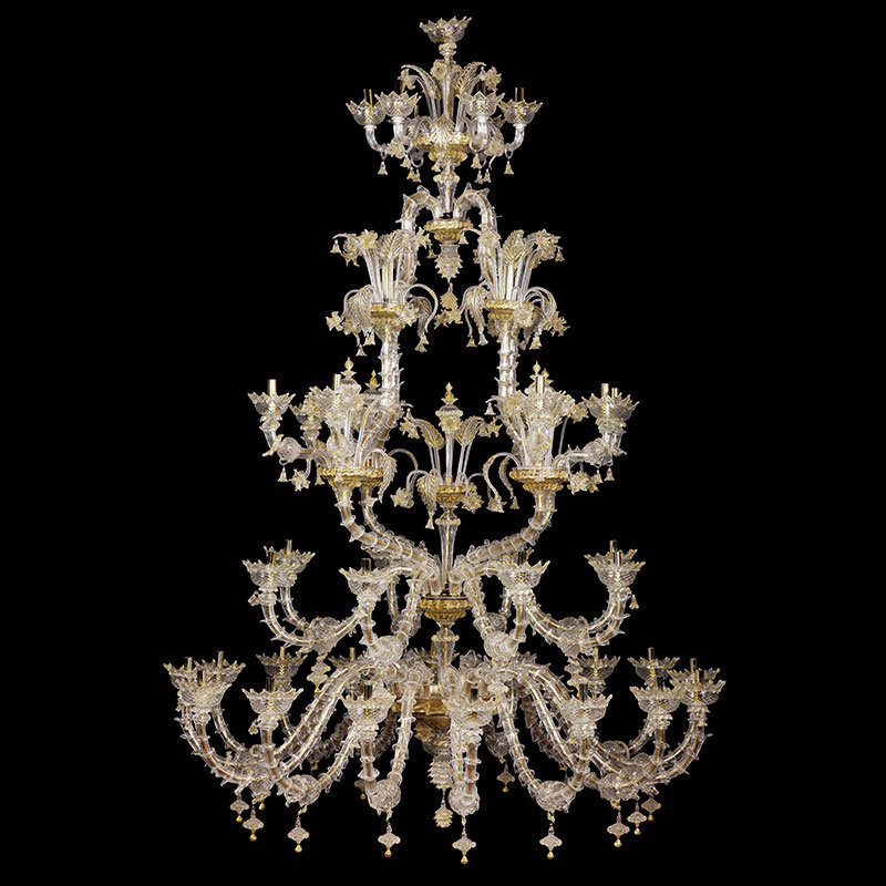 Rezzonico Chandelier in Crystal and Gold Murano Glass, 1950s