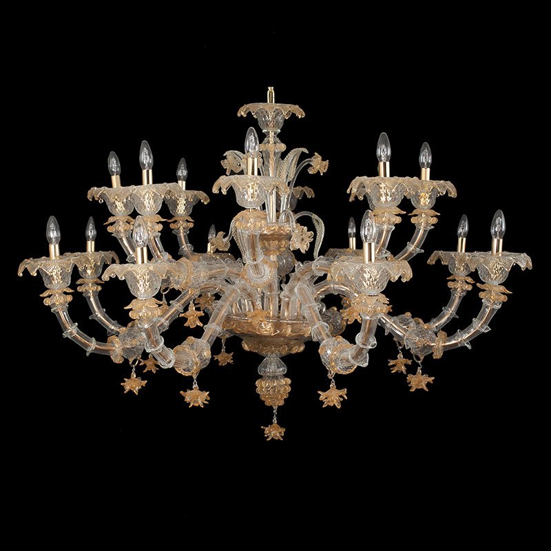 Rezzonico Chandelier in Crystal and Gold Murano Glass, 1950s