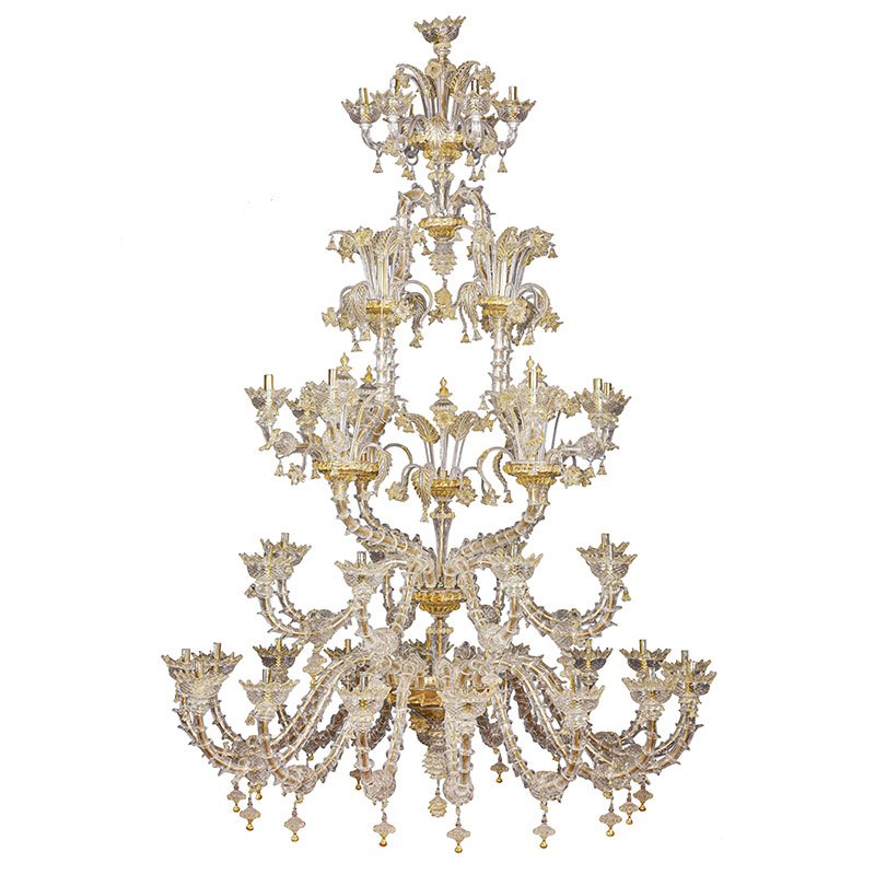 Rezzonico Chandelier in Crystal and Gold Murano Glass, 1950s