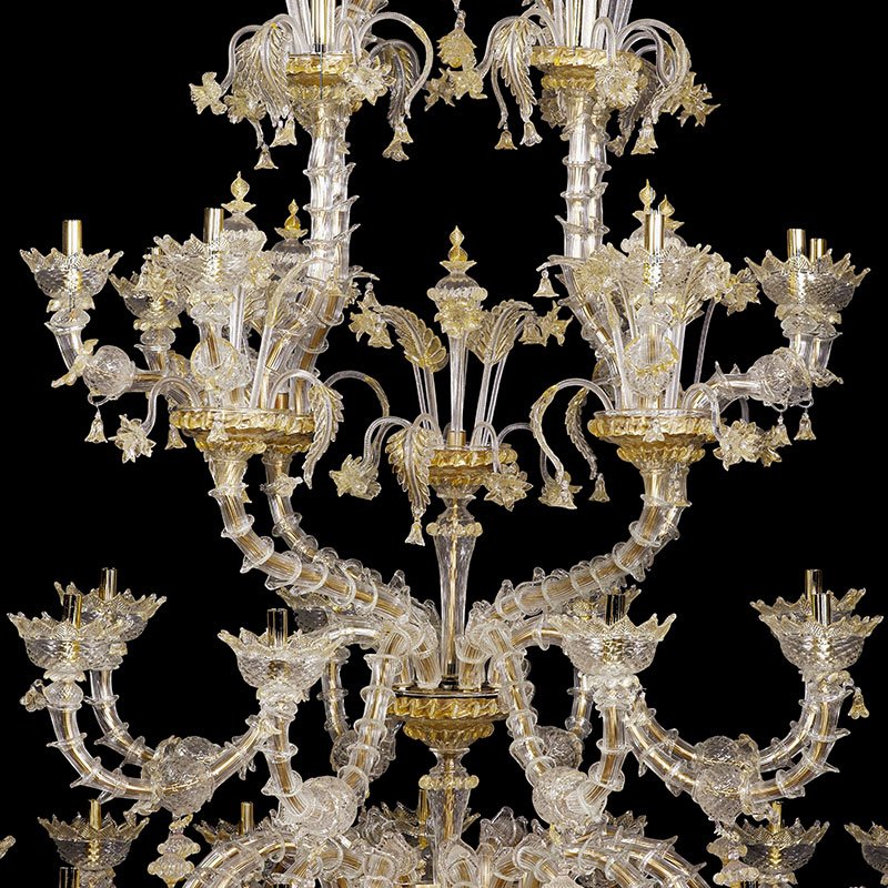 Rezzonico Chandelier in Crystal and Gold Murano Glass, 1950s