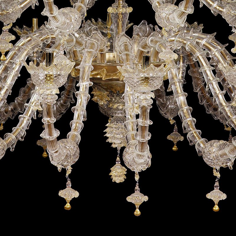 Rezzonico Chandelier in Crystal and Gold Murano Glass, 1950s