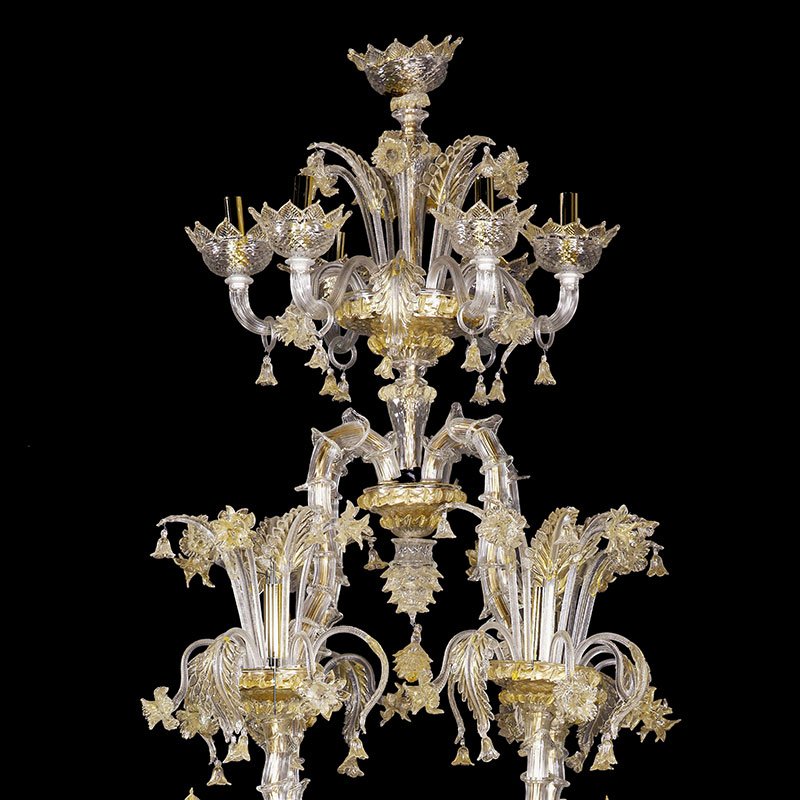 Rezzonico Chandelier in Crystal and Gold Murano Glass, 1950s