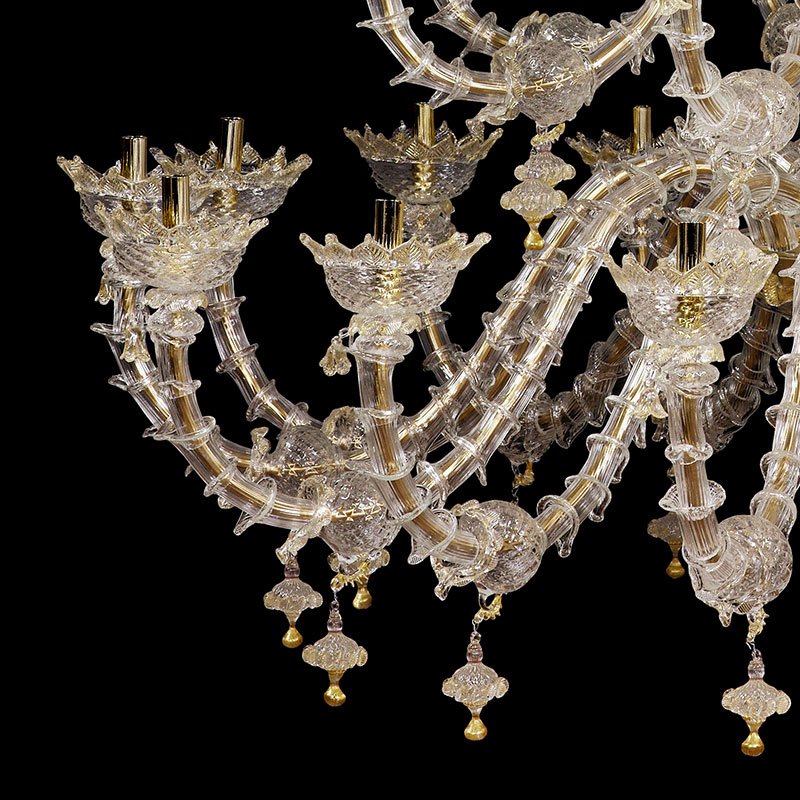 Rezzonico Chandelier in Crystal and Gold Murano Glass, 1950s