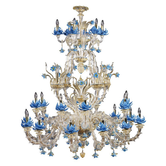 Rezzonico Style Murano Glass Chandelier with Blue Flowers