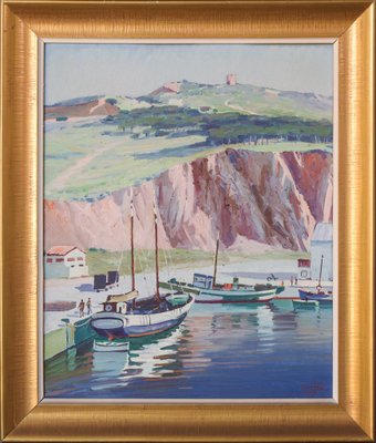 Ricard Tarrega Viladoms, Post Impressionist Landscape with Boats, Oil on Board, Framed-AOI-1115605