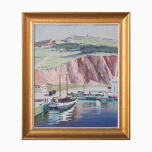 Ricard Tarrega Viladoms, Post Impressionist Landscape with Boats, Oil on Board, Framed-AOI-1115605