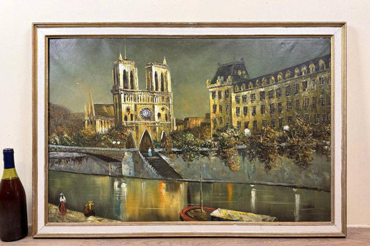 Richard Kaiser, View of Notre Dame from the Seine, Oil on Canvas, Framed