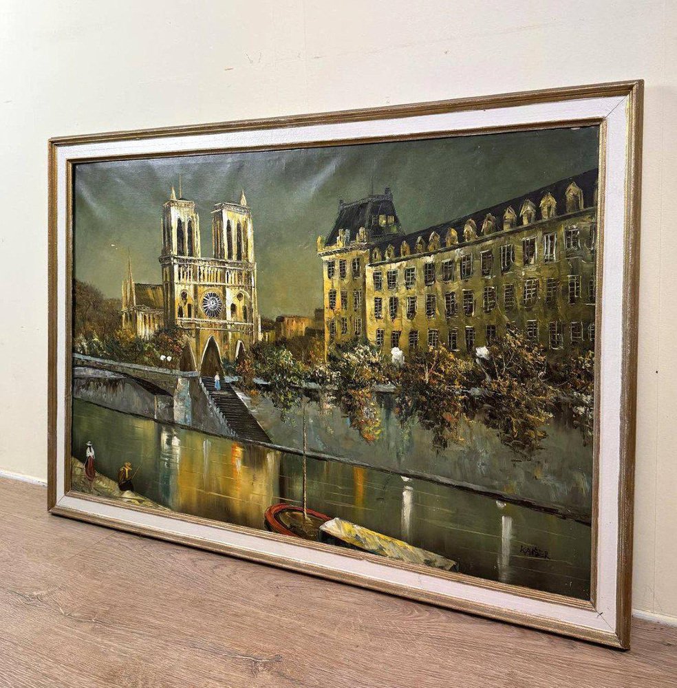 Richard Kaiser, View of Notre Dame from the Seine, Oil on Canvas, Framed