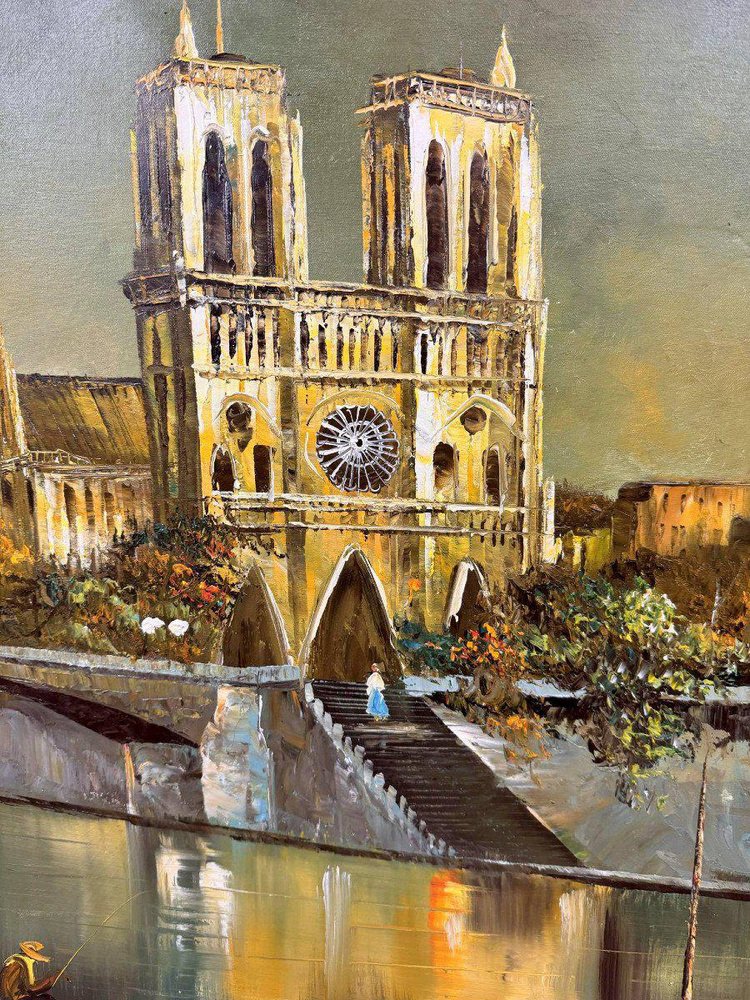 Richard Kaiser, View of Notre Dame from the Seine, Oil on Canvas, Framed